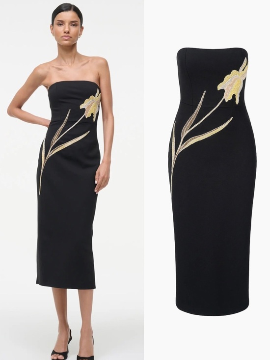 STAUD Dresses & Skirts - NWT Staud Brooke Beaded Floral Strapless Midi Dress Black Gold M Formal Evening